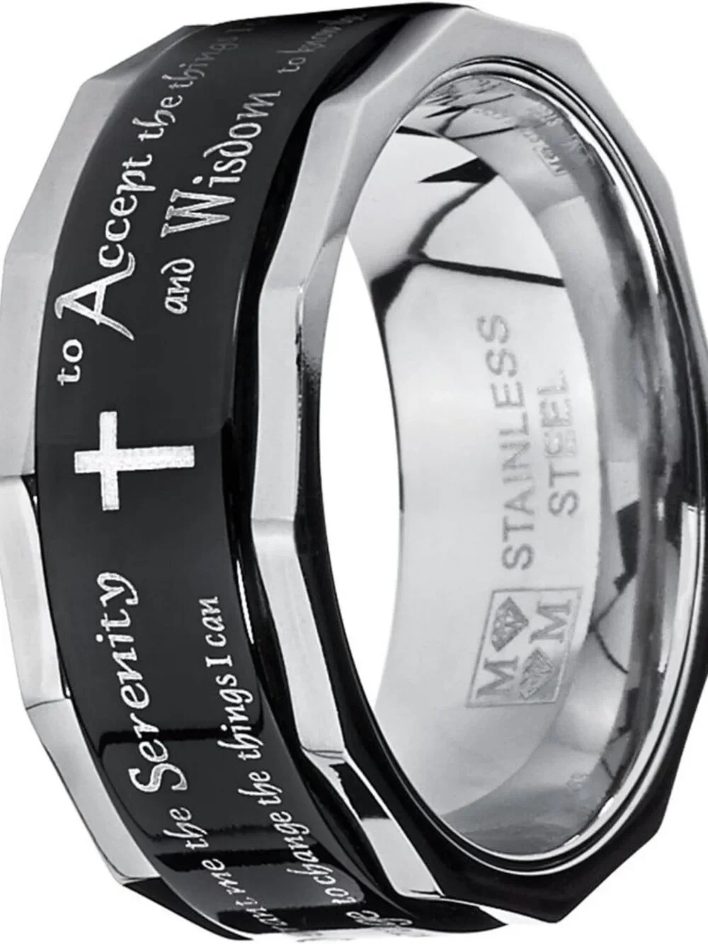 Unisex Black Stainless Steel Serenity Prayer Spinner Ring - 9MM Religious Cross